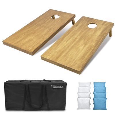 GoSports 4 ft x 2 ft Regulation Size Wooden Cornhole Boards Set with Light Brown Finish - Includes Carrying Case and Bean Bags - White & Light Blue