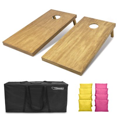 GoSports 4 ft x 2 ft Regulation Size Wooden Cornhole Boards Set with Light Brown Finish - Includes Carrying Case and Bean Bags - Yellow & Pink