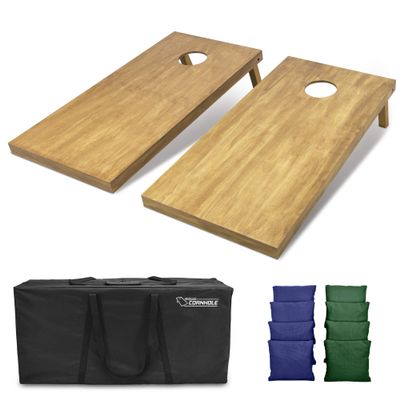 GoSports 4 ft x 2 ft Regulation Size Wooden Cornhole Boards Set with Light Brown Finish - Includes Carrying Case and Bean Bags - Navy Blue & Dark Green