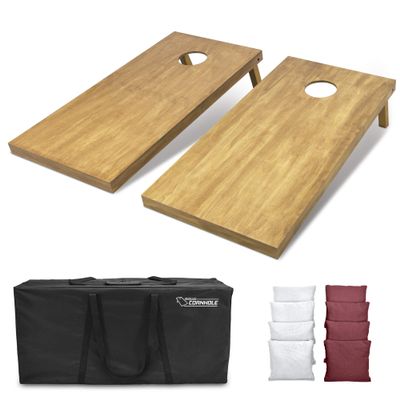 GoSports 4 ft x 2 ft Regulation Size Wooden Cornhole Boards Set with Light Brown Finish - Includes Carrying Case and Bean Bags - White & Burgundy