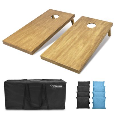 GoSports 4 ft x 2 ft Regulation Size Wooden Cornhole Boards Set with Light Brown Finish - Includes Carrying Case and Bean Bags - Black & Light Blue
