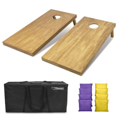 GoSports 4 ft x 2 ft Regulation Size Wooden Cornhole Boards Set with Light Brown Finish - Includes Carrying Case and Bean Bags - Purple & Yellow