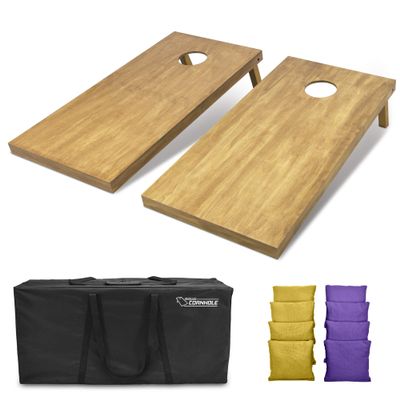GoSports 4 ft x 2 ft Regulation Size Wooden Cornhole Boards Set with Light Brown Finish - Includes Carrying Case and Bean Bags - Gold & Purple