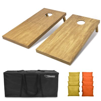 GoSports 4 ft x 2 ft Regulation Size Wooden Cornhole Boards Set with Light Brown Finish - Includes Carrying Case and Bean Bags - Gold & Orange