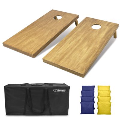GoSports 4 ft x 2 ft Regulation Size Wooden Cornhole Boards Set with Light Brown Finish - Includes Carrying Case and Bean Bags - Navy Blue & Yellow