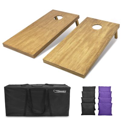 GoSports 4 ft x 2 ft Regulation Size Wooden Cornhole Boards Set with Light Brown Finish - Includes Carrying Case and Bean Bags - Black & Purple