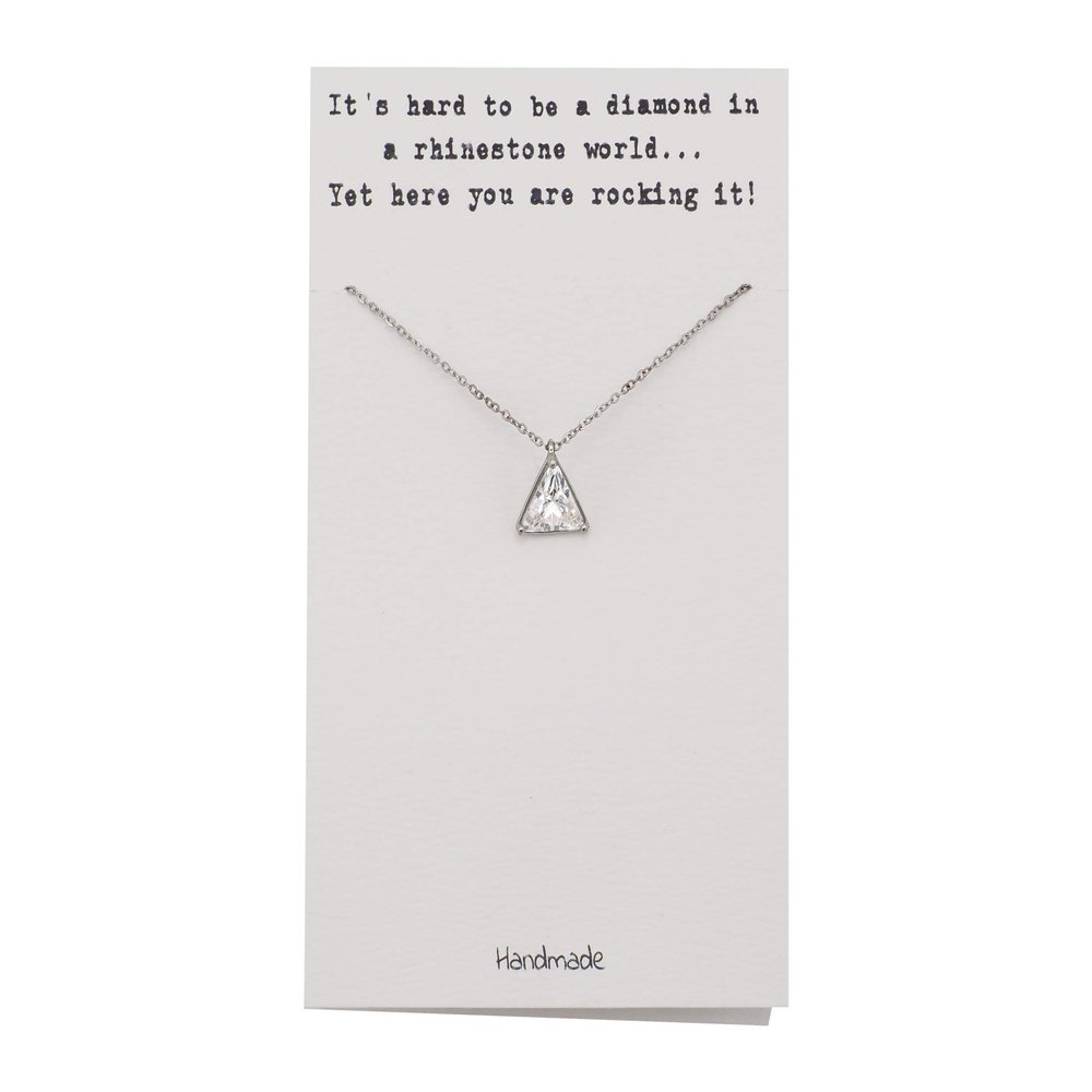 QUINNLYN & CO. CZ Solitaire in Triangle Shaped Pendant Necklace, Handmade Charm Gifts for Women with Inspirational Quote on Greeting Card
