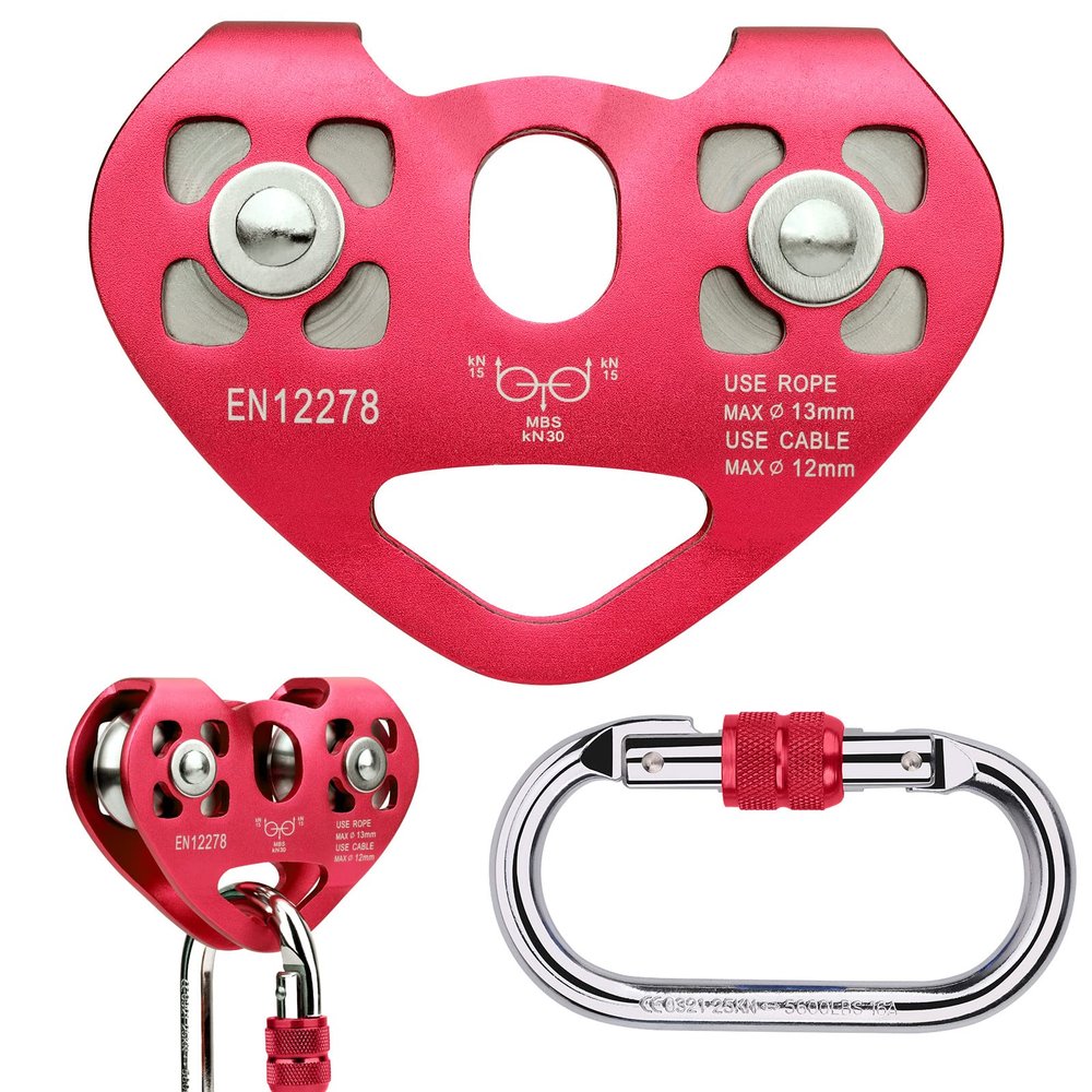Zipline Trolley Kit with 25kN Carabiner Double Tandem Dual Pulley for 1/4 5/16 3/8 1/2 Cable for Backyard Zipline Climbing Rescue 30KN 6700LBS 