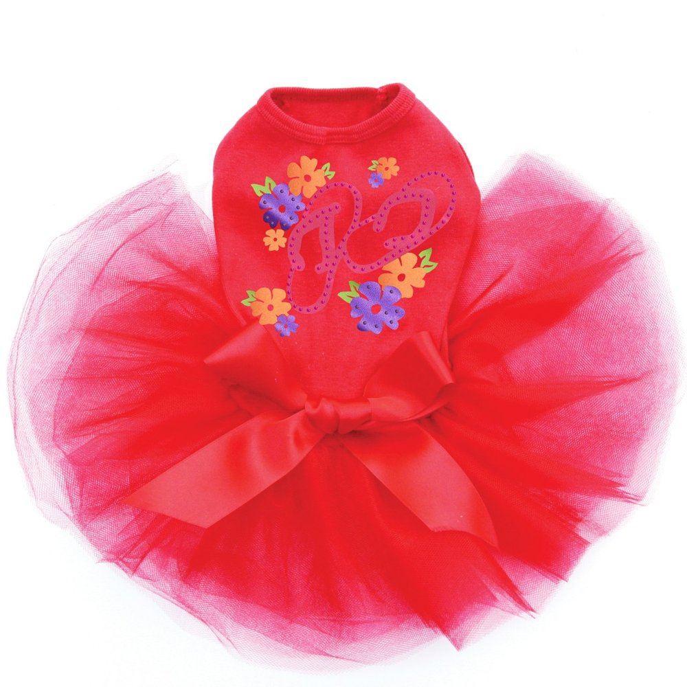Satin Flip Flops with Flowers - Bling Rhinestone Dog Tutu Dress, XL Red