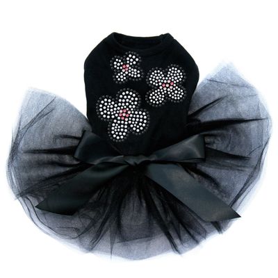 Three White Nailhead Flowers - Bling Rhinestone Dog Tutu Dress, L Black