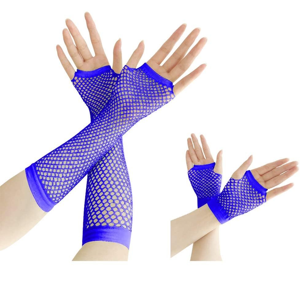 YgneeDom 80s Fishnet Gloves for Women and Girls in Theme Party Costume Accessories (Royal Blue)