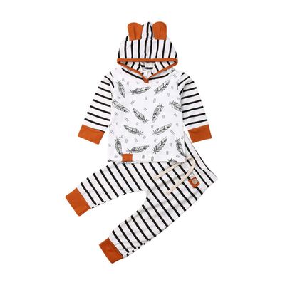 Newborn Baby Girls Boys Stripe Feather Long Sleeve Romper Jumpsuit Top Pants Fall Winter Outfits 0-24M (12-18M, Top+Pant)