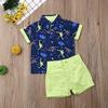 Baby Kids Boy Gentleman Suits, Flamingo Printed Button Down Shirt +Pink Shorts Set 2Pcs Outfits Set (Fluorescent Green+Blue, 3-4T) view 3