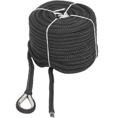 NovelBee 1/2" x 100' Double Braid Nylon Anchor Line with Stainless Steel Thimble,Safe Workload:1,020 Lbs;Tensile Strength:5,100 Lbs (Black)