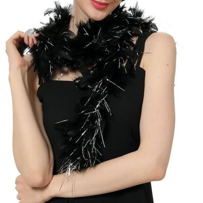 Flydreamfeathers 25 Gram, 4 Feet Long Chandelle Feather Boa, Great for Party, Wedding, Halloween Costume, Christmas Tree, Decoration (Black w/Silver Lurex)