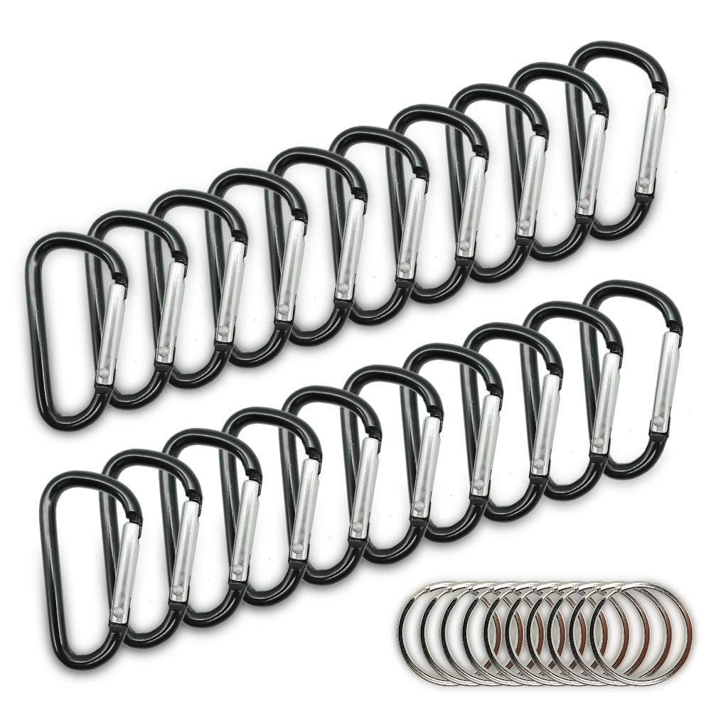 20PCS Mini 1.85"/4.7CM Aluminum Carabiners with 10PCS Nickel Metal Key Rings Lightweight D Shape Keychain Clips Small Multipurpose Carabiner Buckles for Indoor Outdoor Use