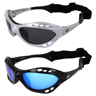 Birdz Eyewear Seahawk Polarized Sunglasses Jet Ski Goggles Sport Kite-Boarding, Surfing, Kayaking 2 Pairs Black & Silver Frames with Blue & Smoke Lenses