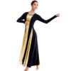 Womens Liturgical Praise Lyrical Dance Dress Loose Fit Full Length Metallic Color Block Long Sleeve Worship Costume Ballet Maxi Swing Gown Black+Gold XXL view 2