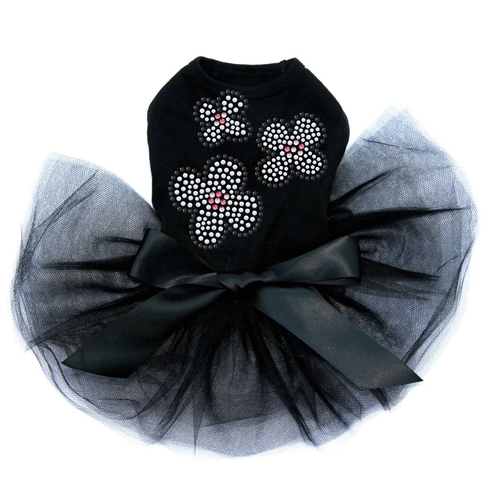 Three White Nailhead Flowers - Bling Rhinestone Dog Tutu Dress, 2XL Black