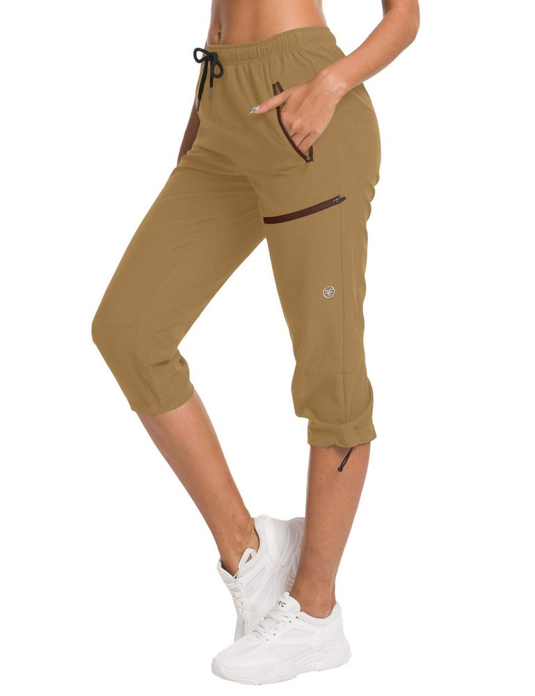 ChinFun Women's Cargo Hiking Pants Water Resistant UPF 50+ Stretch Capris Deep Khaki XXL