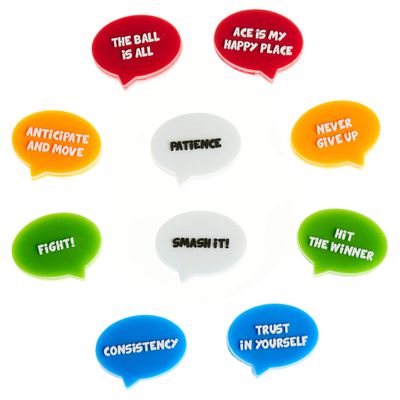 BusyBee Tennis Vibration Dampener (10 Pack). Unique Tennis Gift for Kids, Women and Players with 10 Motivational Slogans