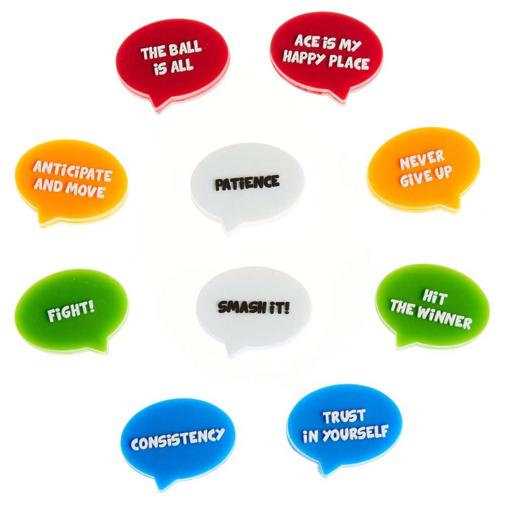 BusyBee Tennis Vibration Dampener (10 Pack). Unique Tennis Gift for Kids, Women and Players with 10 Motivational Slogans