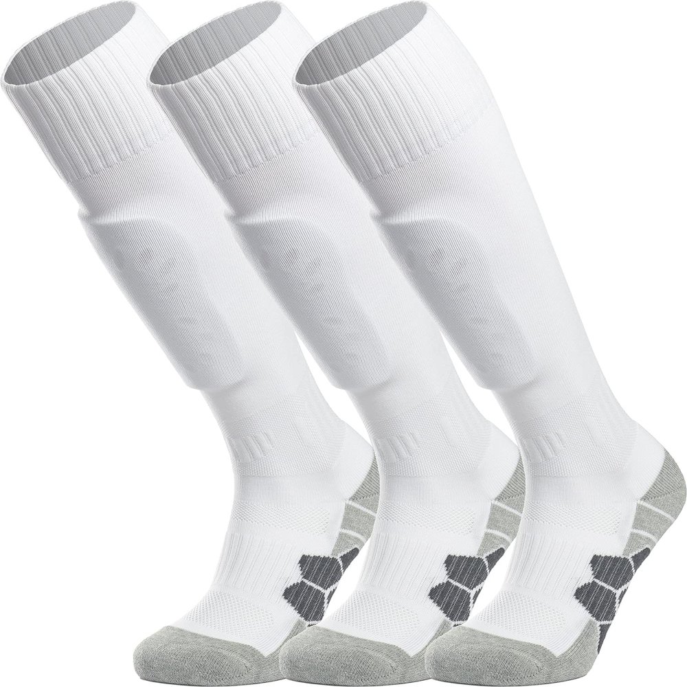 APTESOL Youth Soccer Socks Knee High Team Sport Cushion Sock Women Men Long Tube Cotton Athletic Compression Socks (3-Pair White-A,Large)