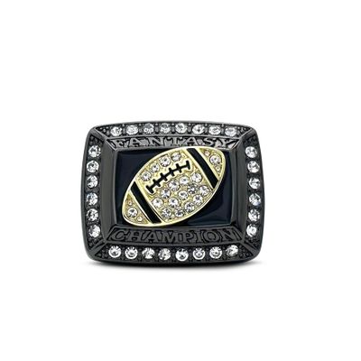 FANTASYJOCKS Fantasy Football Championship Ring The Game Ball Blackout Glass Stones Black Gold FFL Champion Trophy Award Prize Sports Winner Size 14