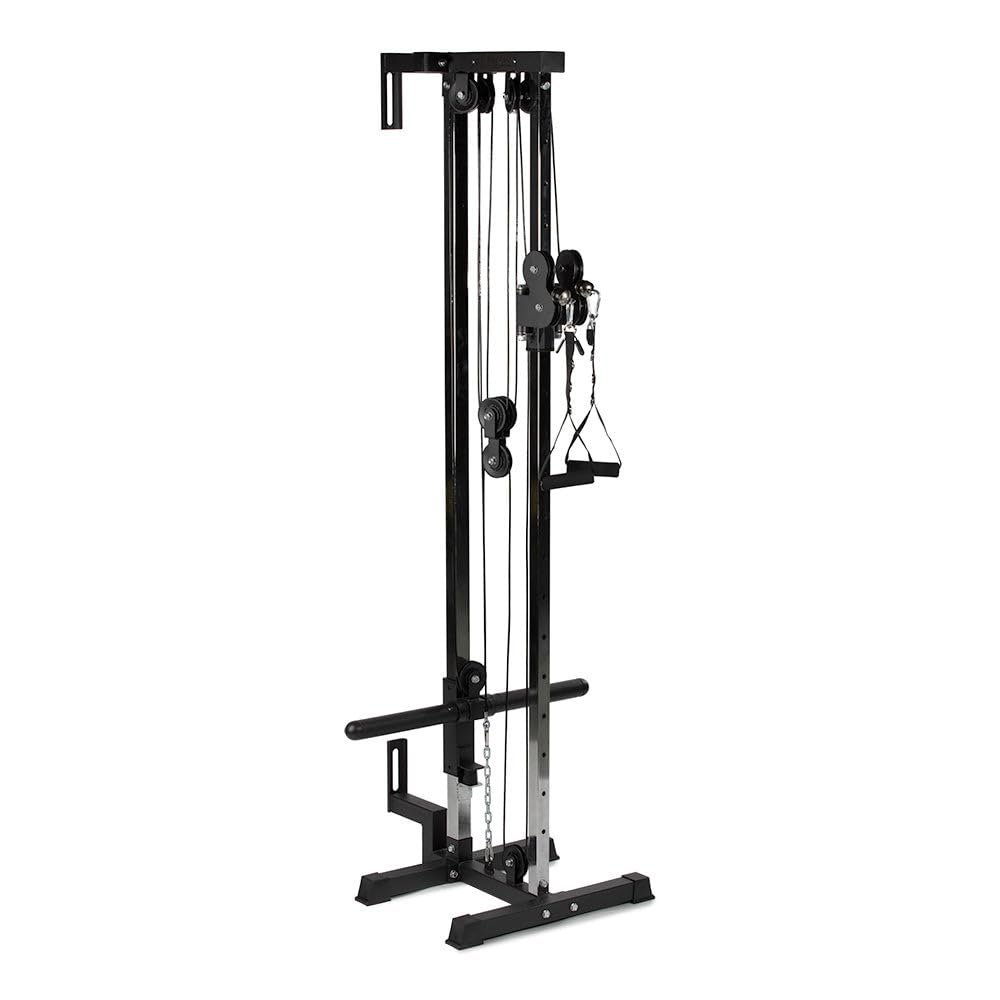 Titan Fitness 84.5" Tall Wall Mounted Pulley Tower, 350 LB Capacity Plate-Loaded Cable Machine, Adjustable Trolly Height, Standard & Olympic Plate Compatibility, Dual D-Handles Included