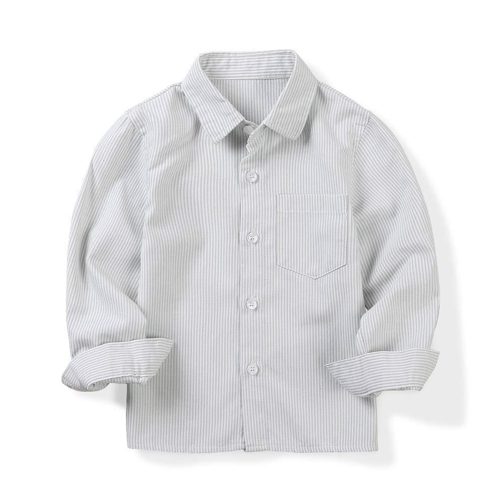 OCHENTA Boys Dress Shirts Button Down Long Sleeve Striped School Uniform Casual Formal Shirt Clothes Little Big Kids Grey Tag 140CM -7-8 Years