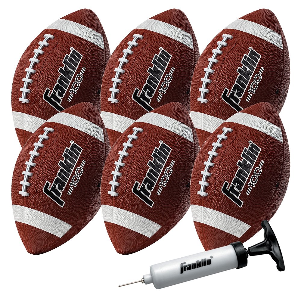 Franklin Sports Junior Footballs - Grip-Rite 100 - Kids Junior Size Rubber Footballs - Youth Balls - 6 Pack of Balls with Pump - Brown/White