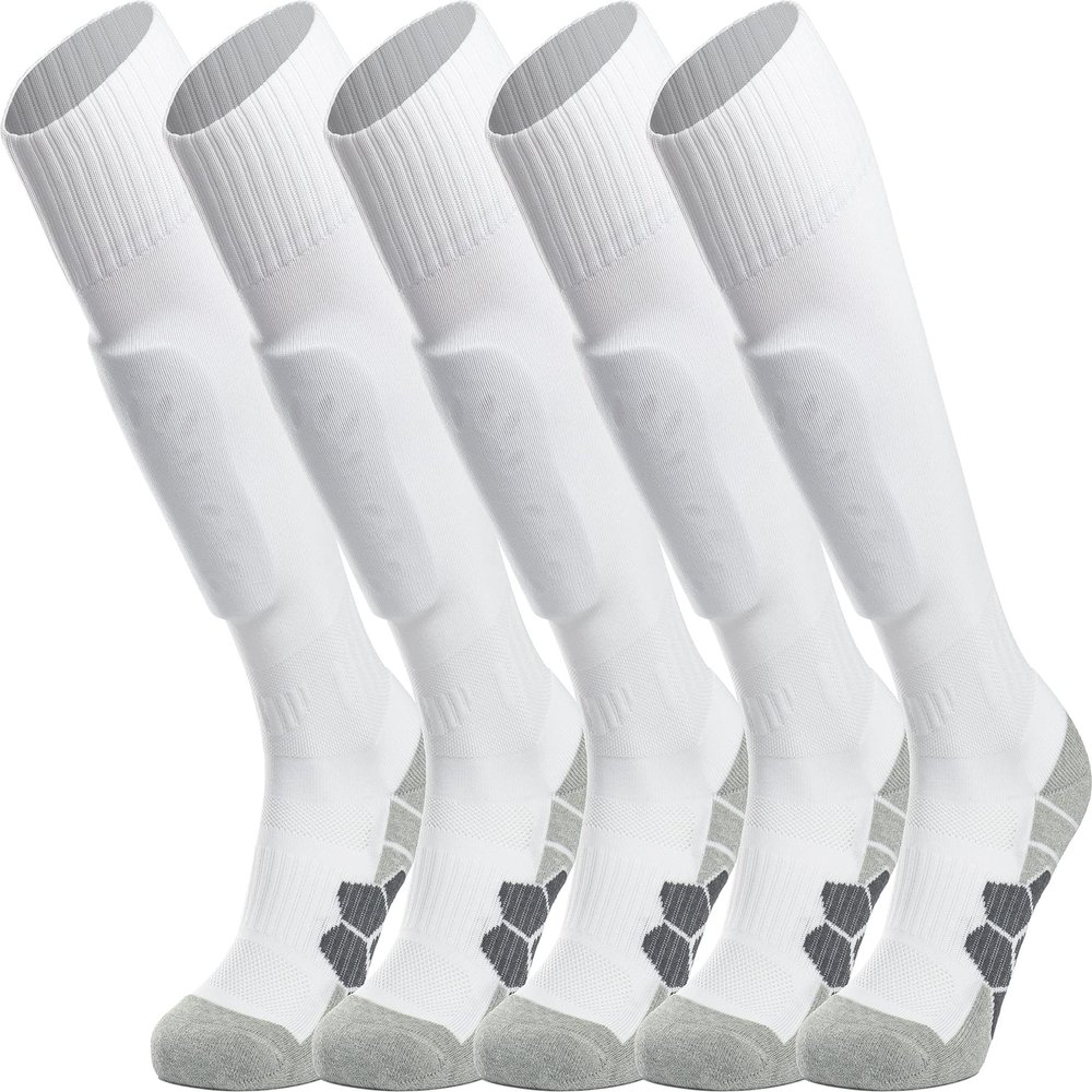 APTESOL Youth Soccer Socks Kids Knee High Team Sport Cushion Sock Women Men Long Tube Cotton Athletic Compression Socks (5-Pair White-A,Medium)