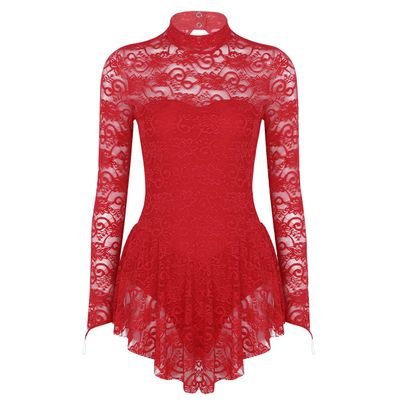 dPois Womens Adult Long Sleeve Lace Leotard Ballet Dance Gymnastics Ice Skating Dress Red Large