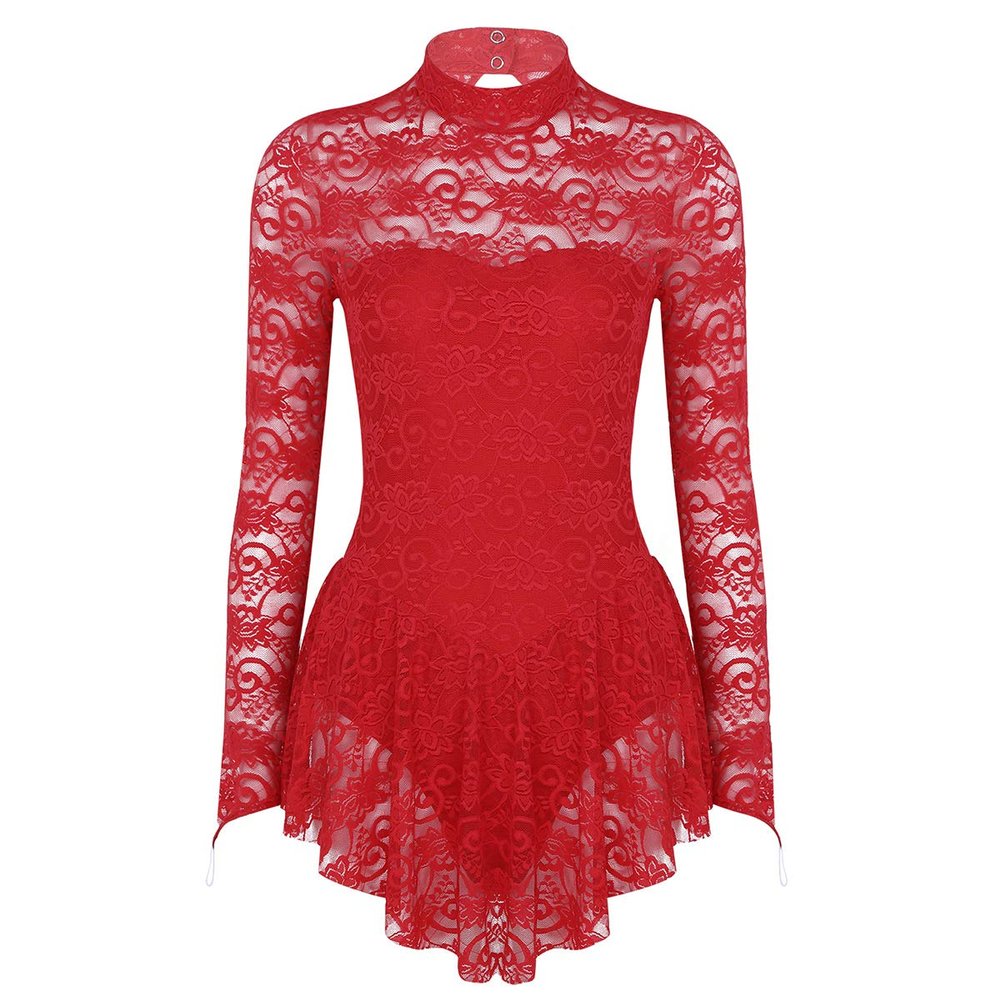 dPois Womens Adult Long Sleeve Lace Leotard Ballet Dance Gymnastics Ice Skating Dress Red Large