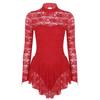 dPois Womens Adult Long Sleeve Lace Leotard Ballet Dance Gymnastics Ice Skating Dress Red Large view 1