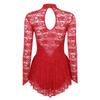 dPois Womens Adult Long Sleeve Lace Leotard Ballet Dance Gymnastics Ice Skating Dress Red Large view 2