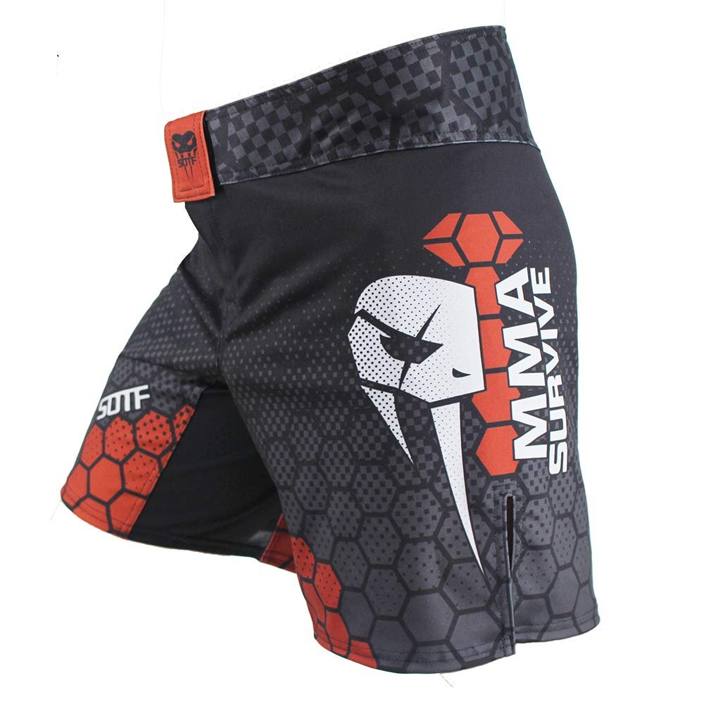 SOTF Boxing Shorts for Men Training Fight Shorts Men MMA BJJ Shorts No Gi with Pocket Black Red M Waist 33-34.6 inch