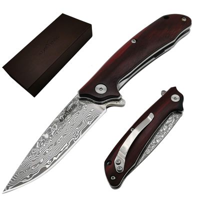 ALBATROSS 7" Ball Bearing Assisted Opening Pocket Knife - Red Sandalwood Handle & Modern Damascus Steel Blade - Premium Folding Knife with Gift Box - HGDK023