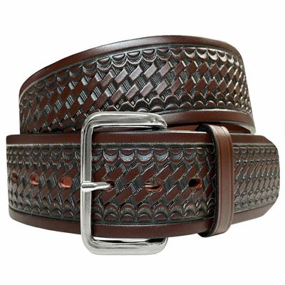 Belts.com Utility Uniform Work Belt w/Simple Single Prong Buckle One Piece Full Grain Leather Basketweave Embossed Belt 1-3/4"(45mm) Wide (Brown, 46)