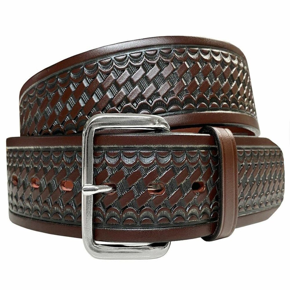 Belts.com Utility Uniform Work Belt w/Simple Single Prong Buckle One Piece Full Grain Leather Basketweave Embossed Belt 1-3/4"(45mm) Wide (Brown, 46)