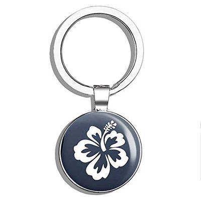 Hibiscus Flower - Hawaiian Premium White Vinyl Double Sided Stainless Steel Keychain Key Ring Chain Holder Car/Key Finder