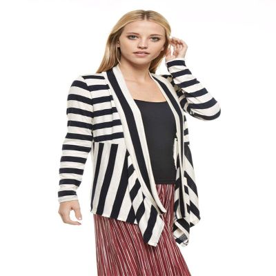 (Size M) Striped, Draped Neck, Open Front Cardigan with an Asymmetric Hem. Navy/Ivory