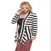 (Size M) Striped, Draped Neck, Open Front Cardigan with an Asymmetric Hem. Navy/Ivory view 3