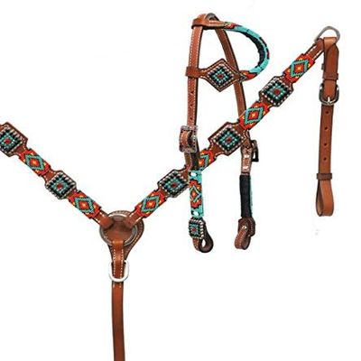 Showman Leather Headstall & Breast Collar Set w/Teal Navajo Beaded Design