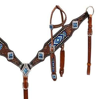 Showman Tooled Leather Headstall & Breast Collar Set w/Blue Beaded Inlays