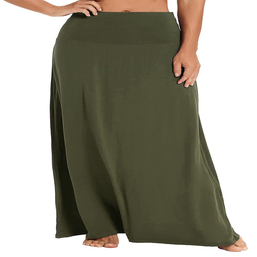 EXCHIC Women's Boho Flod Over Long Maxi Skirt Elastic High Waisted Long Skirts for Women (Army Green, Small)