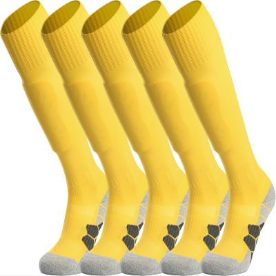 APTESOL Youth Soccer Socks Knee High Team Sport Cushion Sock Women Men Long Tube Cotton Athletic Compression Socks (5-Pair Yellow,Large)