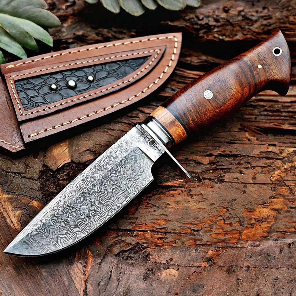 BIGCAT ROAR Wild Tiger - Handmade Damascus Steel Fixed Blade Knife 10" - Walnut Wood Handle & Leather Sheath - Bushcraft, Outdoor Camping, Skinning & Survival EDC Knife - Collector Hunter Men Gifts