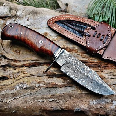 BIGCAT ROAR Bear Hunter - Handmade Damascus Steel Fixed Blade Knife 10" - Walnut Wood Handle & Leather Sheath - Bushcraft Outdoor Camping Skinning & Survival EDC Knife - Collector Hunter Gifts for Men