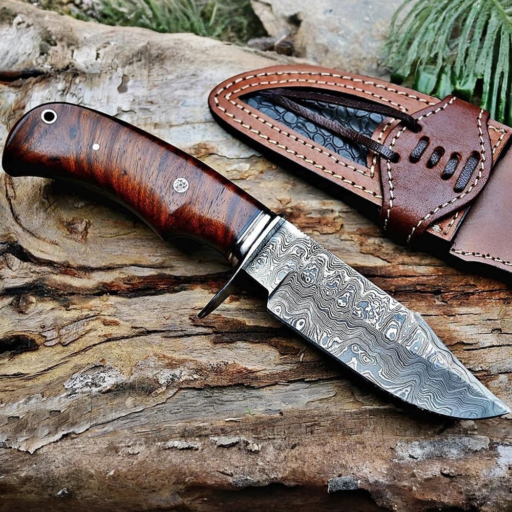 BIGCAT ROAR Bear Hunter - Handmade Damascus Steel Fixed Blade Knife 10" - Walnut Wood Handle & Leather Sheath - Bushcraft Outdoor Camping Skinning & Survival EDC Knife - Collector Hunter Gifts for Men